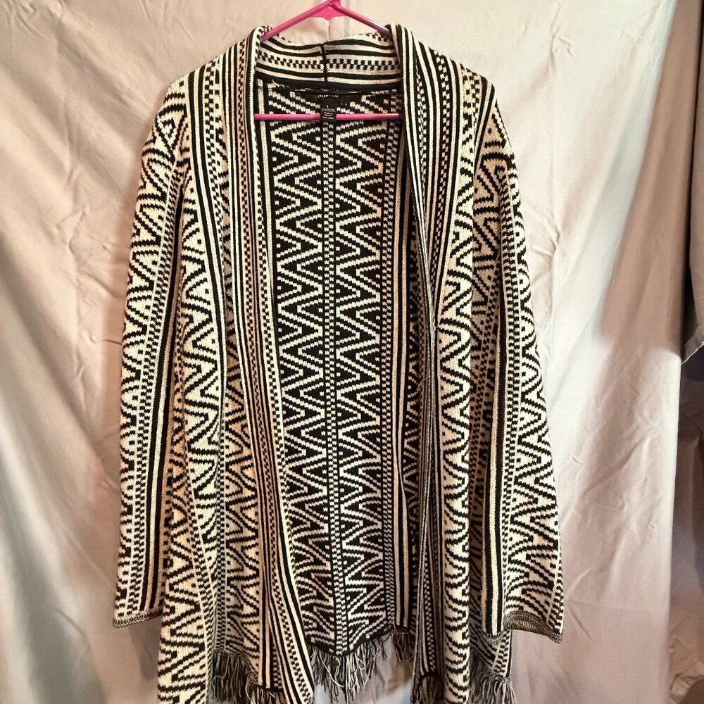 Style & Co Women’s Cardigan L Black Cream Geometric Fringe Boho